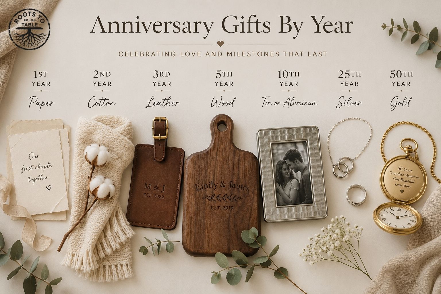 Traditional anniversary gifts by year timeline featuring paper, cotton, leather, wood, silver, and gold milestone gift ideas, including a personalized walnut charcuterie board for the 5th wood anniversary.