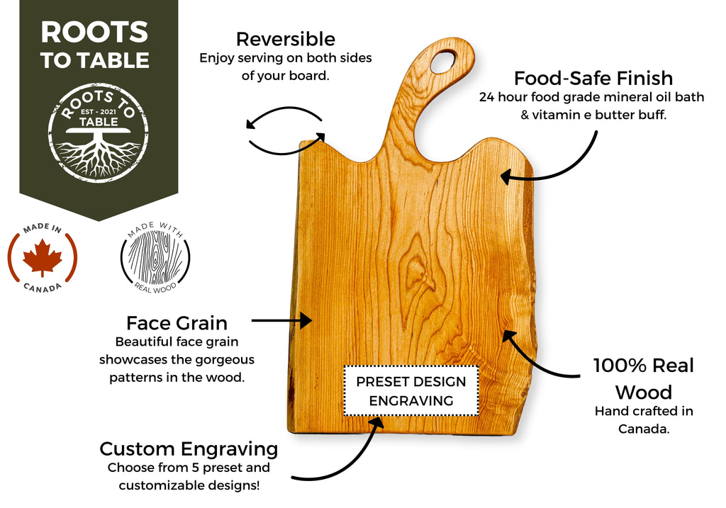 Live edge maple charcuterie board, featuring a space for custom engraving. Highlights include a food-safe finish, reversible design, face grain hand-crafted quality in Canada, perfect for functional and personalized kitchen use.