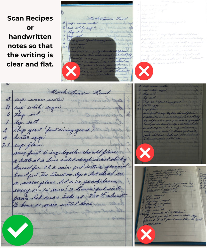 Infographic showing do's and don't for how to up[load and send a copy of a hand written recipe for customized board engravings