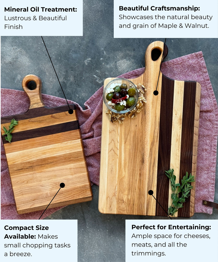 Two handcrafted wooden cutting / charcuterie boards made of edge grain maple and walnut. The smaller board highlights a compact size for chopping, while the larger board is perfect for entertaining & meal prep.
