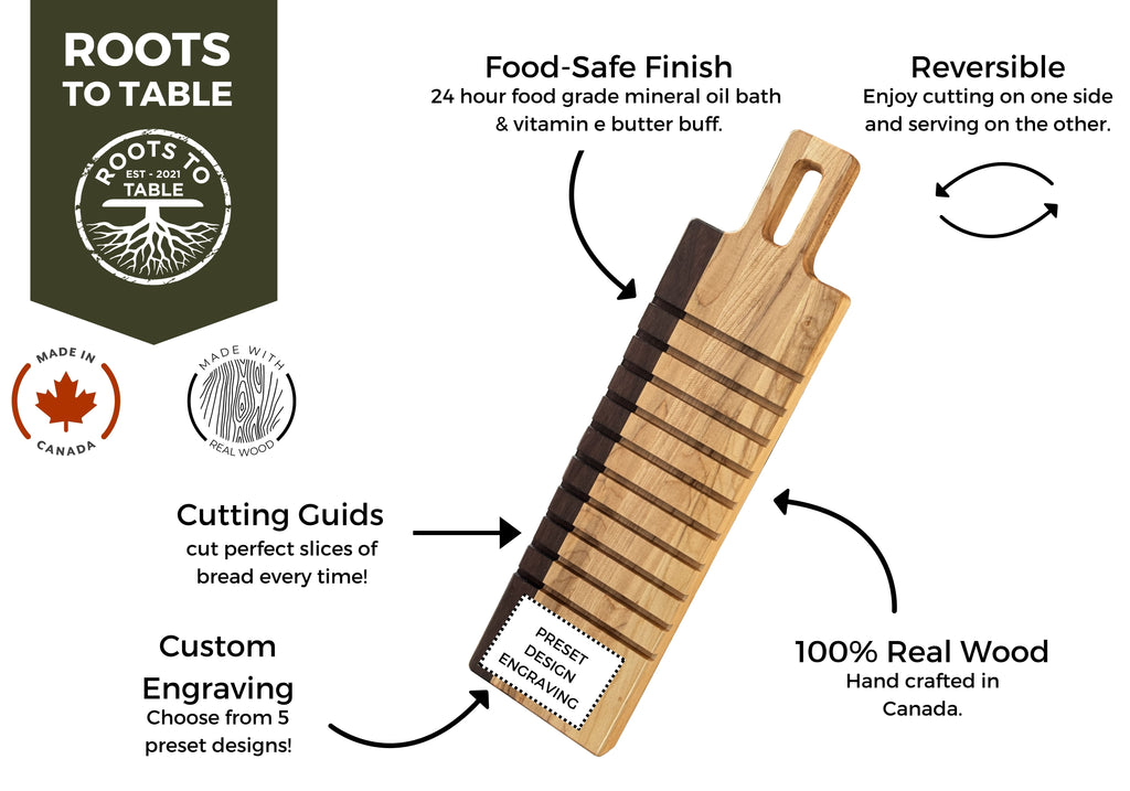 A handcrafted reversible breadboard made from real Canadian wood, featuring cutting guides for perfect slices, a food-safe finish, and customizable engraving options. Designed for both cutting and serving, it showcases functionality and elegance.