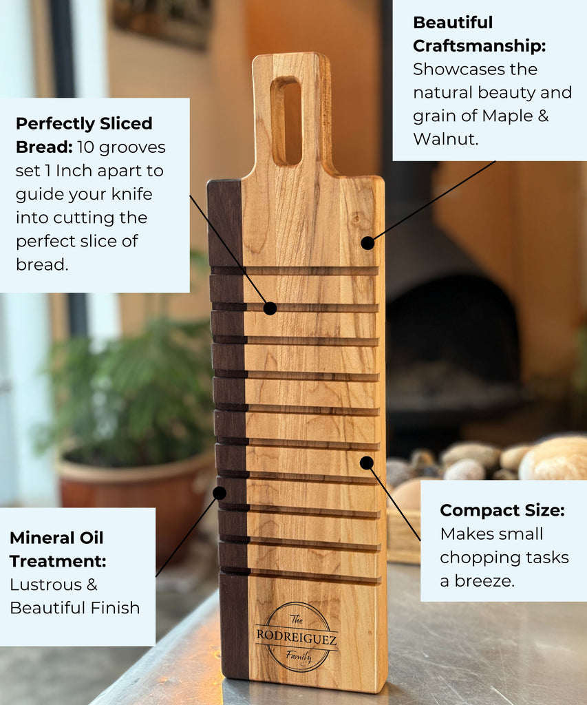 Maple and walnut bread slicing board with 10 grooves for perfect slices, featuring The Rodriguez Family engraving. Highlights include compact size, mineral oil treatment for a glossy finish, and exquisite craftsmanship in a cozy kitchen setting.