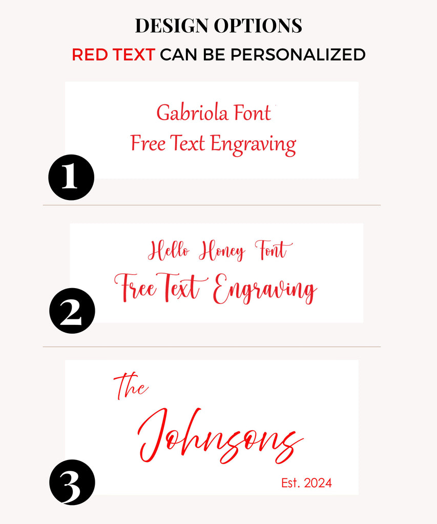 Design options for personalized engraving featuring three font choices: Gabriola, Hello Honey, and The Johnsons, with customizable red text. Each option highlights elegant, free text engraving for personalized wine appetizer boards.