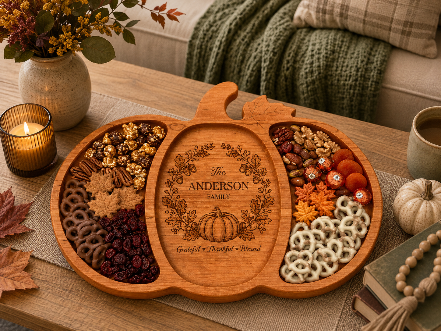 Personalized Cherry Wood Pumpkin Serving Tray