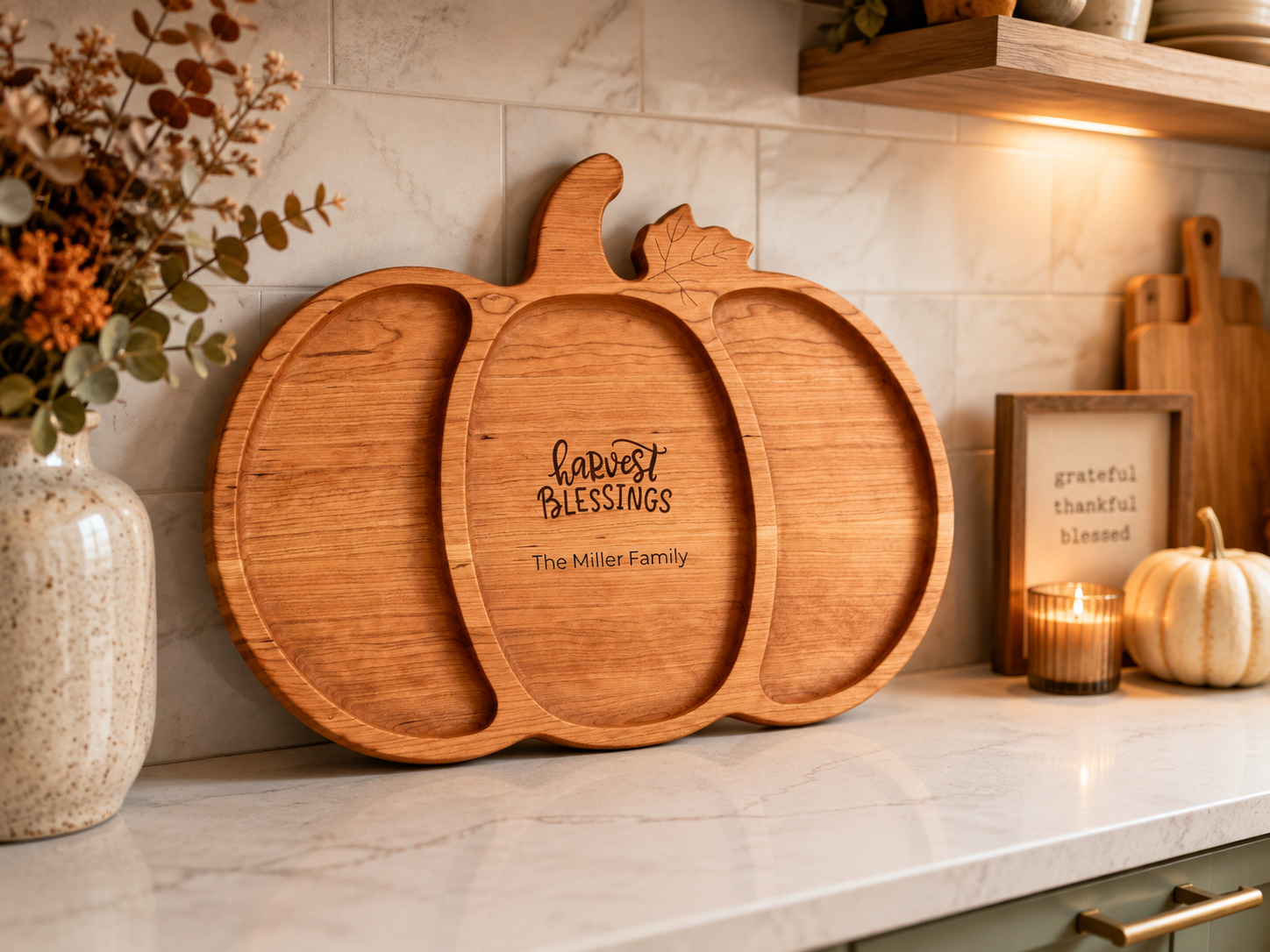 Personalized Cherry Wood Pumpkin Serving Tray