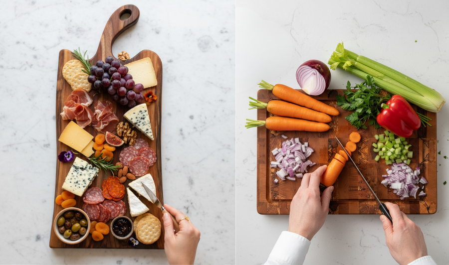 Wood charcuterie board for serving and wooden cutting board used for food prep