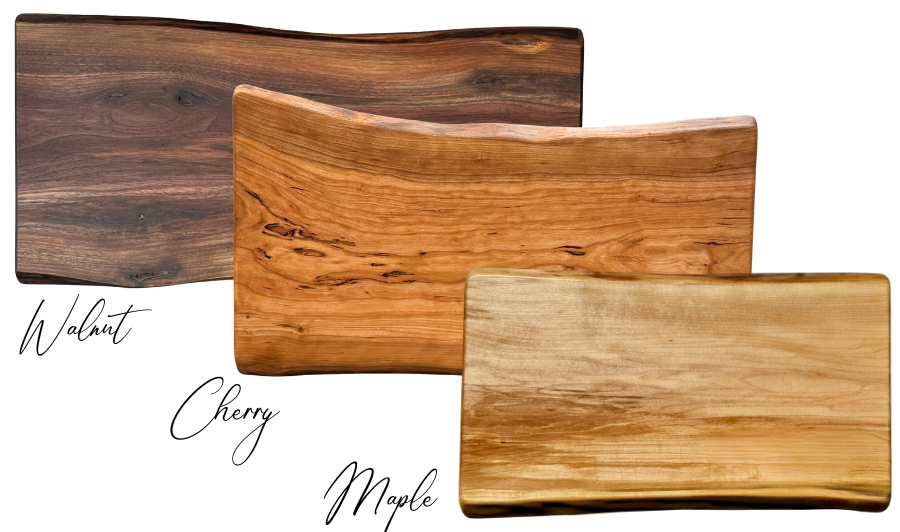 Walnut, cherry, and maple charcuterie boards showing the different wood options