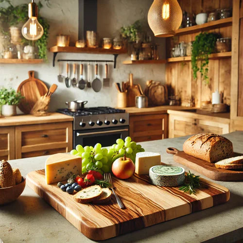 Natural Wood Cutting Boards in a kitchen with food on it