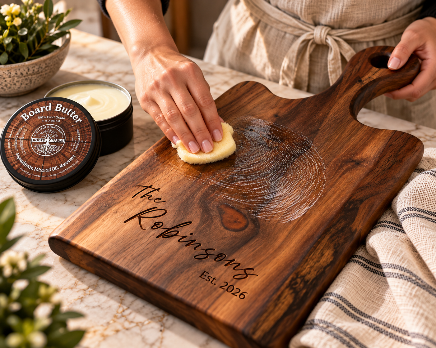Wood board care guide with image of person applying board butter.