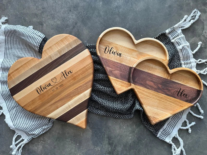 Personalized wooden heart board and tray for valentines day