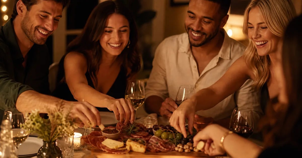 Friends gathering around a wooden charcuterie board at a candlelit dinner party, sharing food and conversation