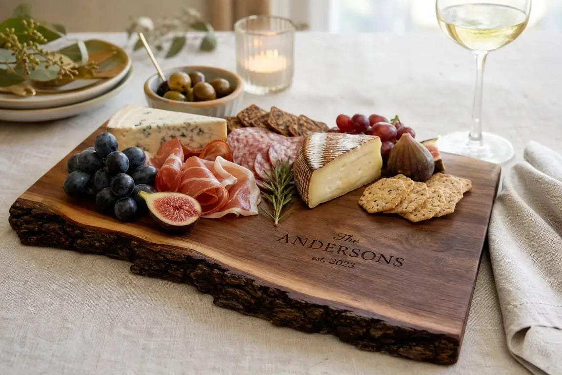 Personalized live edge custom hardwood serving board in walnut styled with cheese and charcuterie