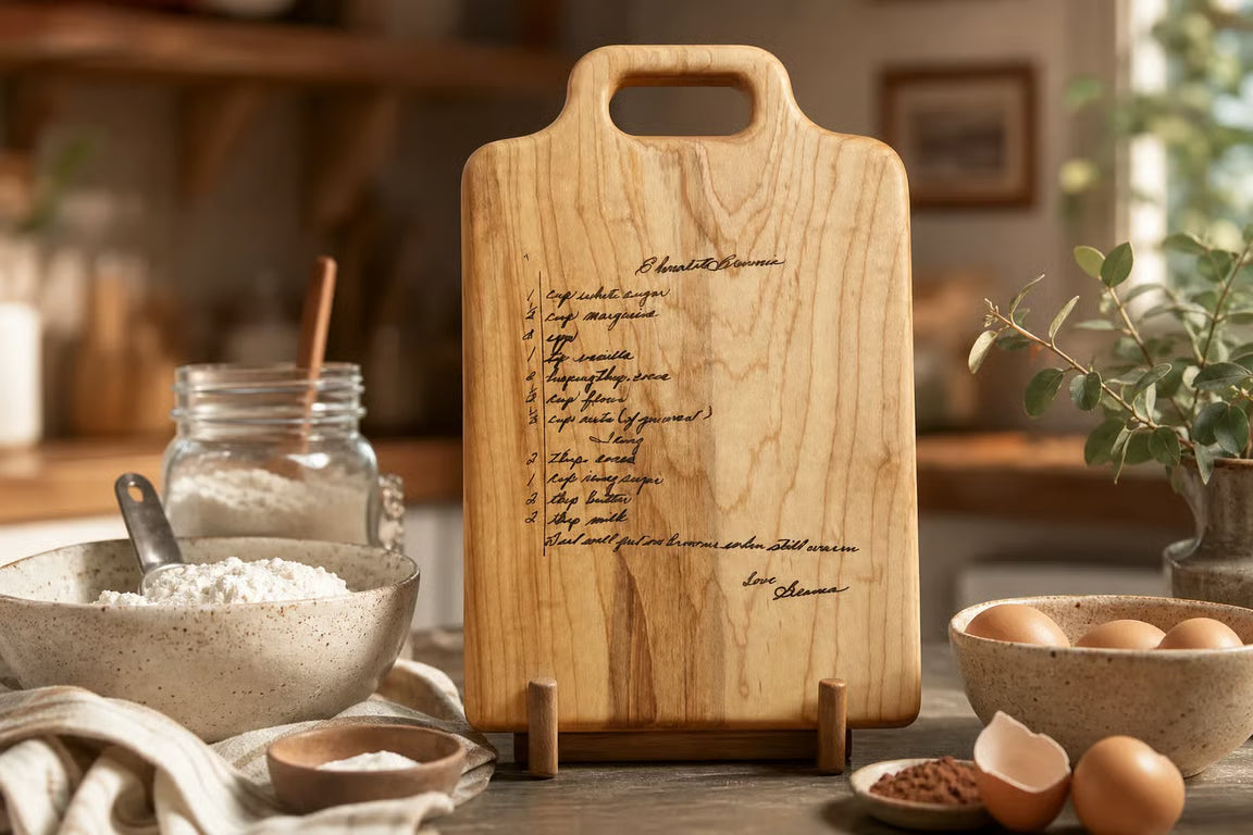 Personalized handwritten recipe cutting board in solid maple engraved with a family recipe in original handwriting