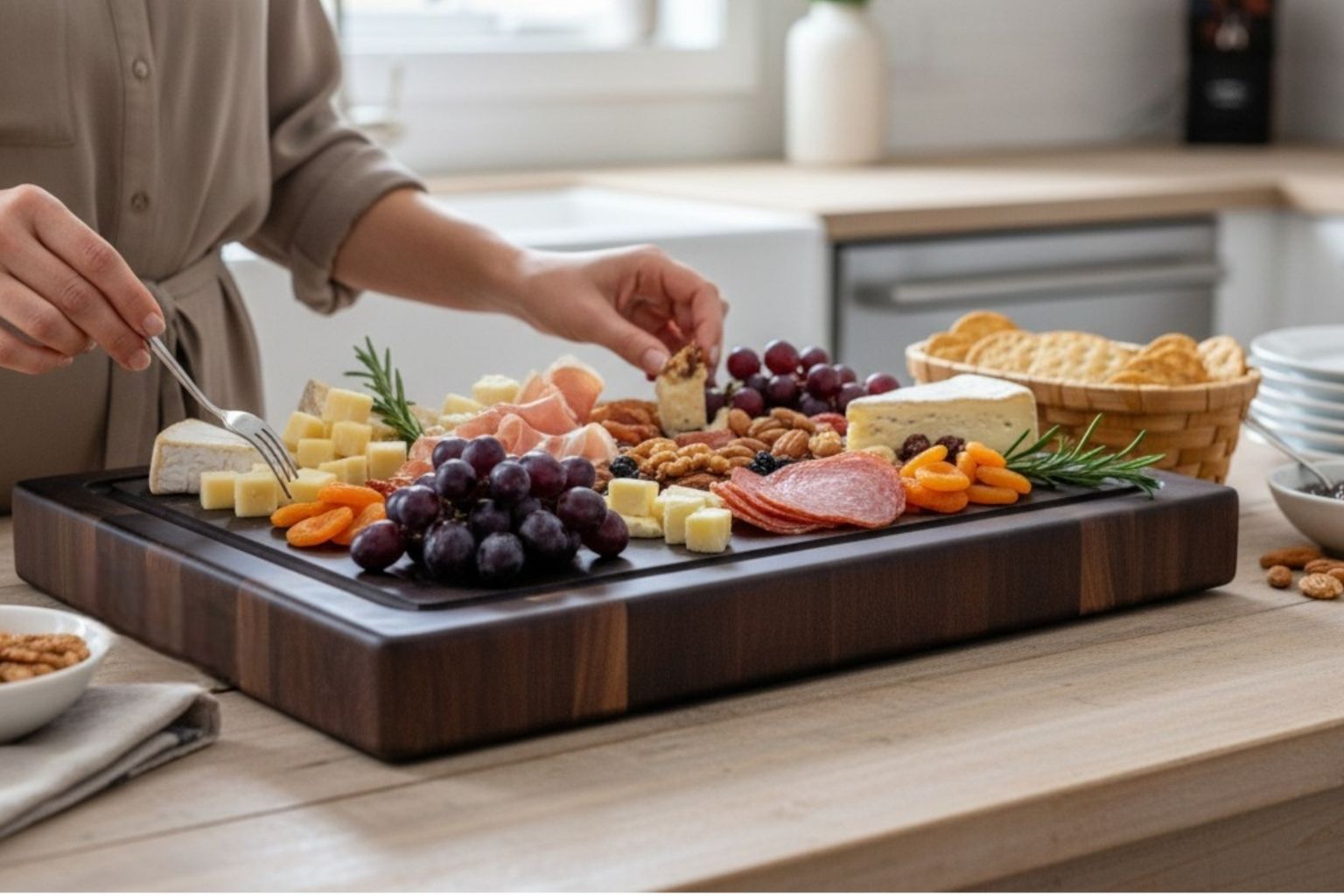 walnut cutting board gift being used as a charcuterie board