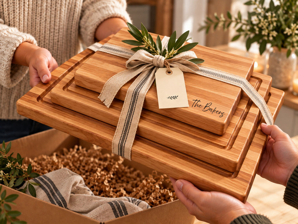 A set of three stacked solid  quality maple wooden cutting boards with a burlap ribbon and a paper tag reading 'The Bakers', being held by people in a warm, rustic kitchen setting.