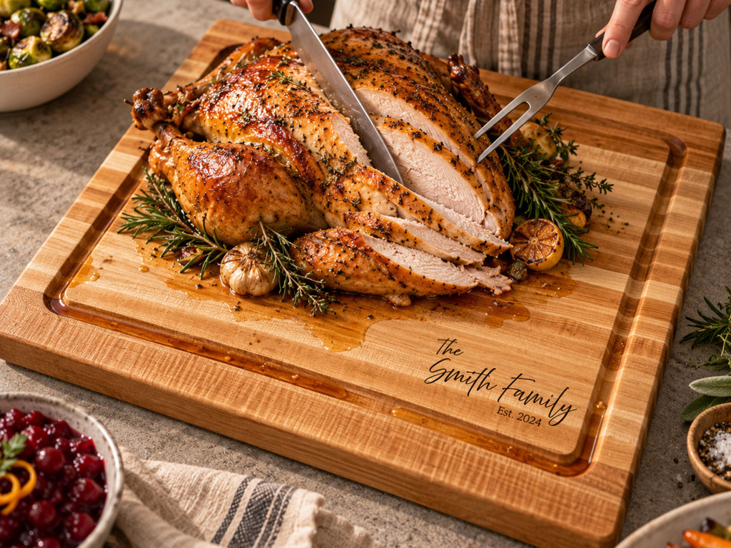 A roasted turkey on a large personalized wooden cutting board, with a knife slicing the breast and fork holding a cut piece. The board has the text The Smith Family Est 2026 engraved on the front, and holiday dishes are arranged around it on a stone surface.