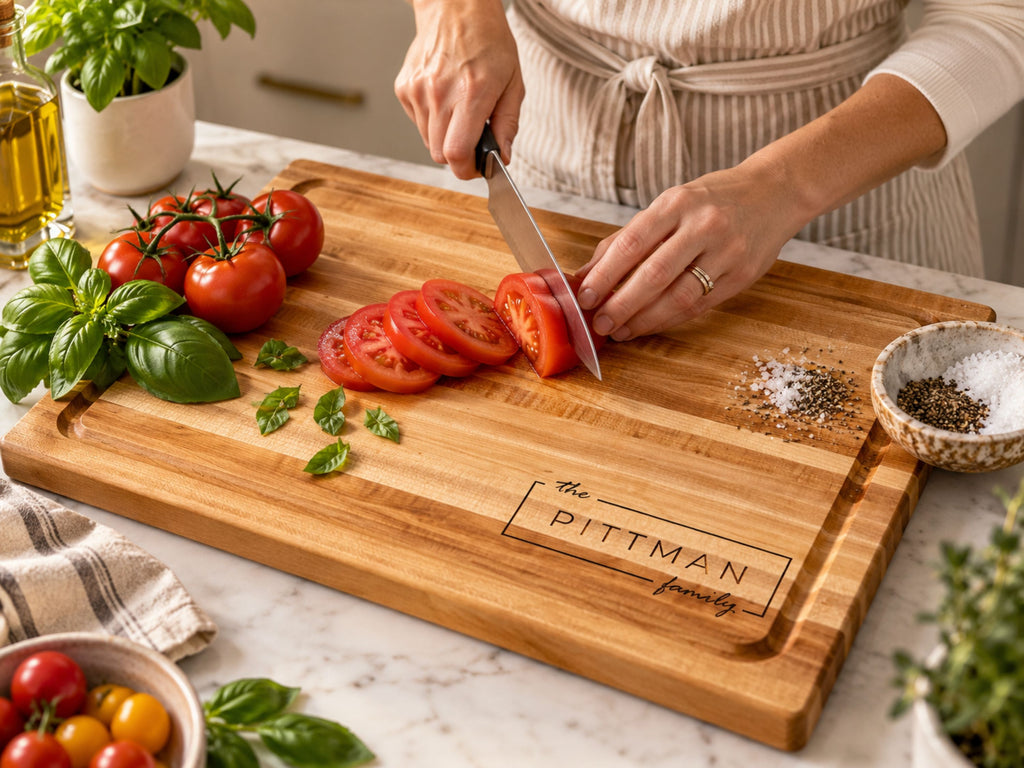 A solid wood chopping block engraved with the PITTMAN family is shown in a kitchen setting, with a person slicing tomatoes on it. Fresh basil, tomatoes, and a small bowl of spices are arranged around the board.