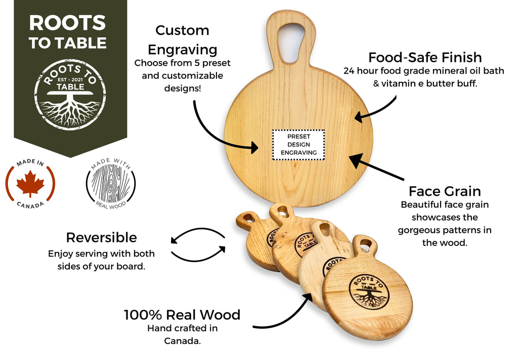 An infographic showcasing a set of small maple charcuterie boards with features labeled: food-safe finish with mineral oil and vitamin E butter, reversible use, handcrafted in Canada, and custom engraving options.