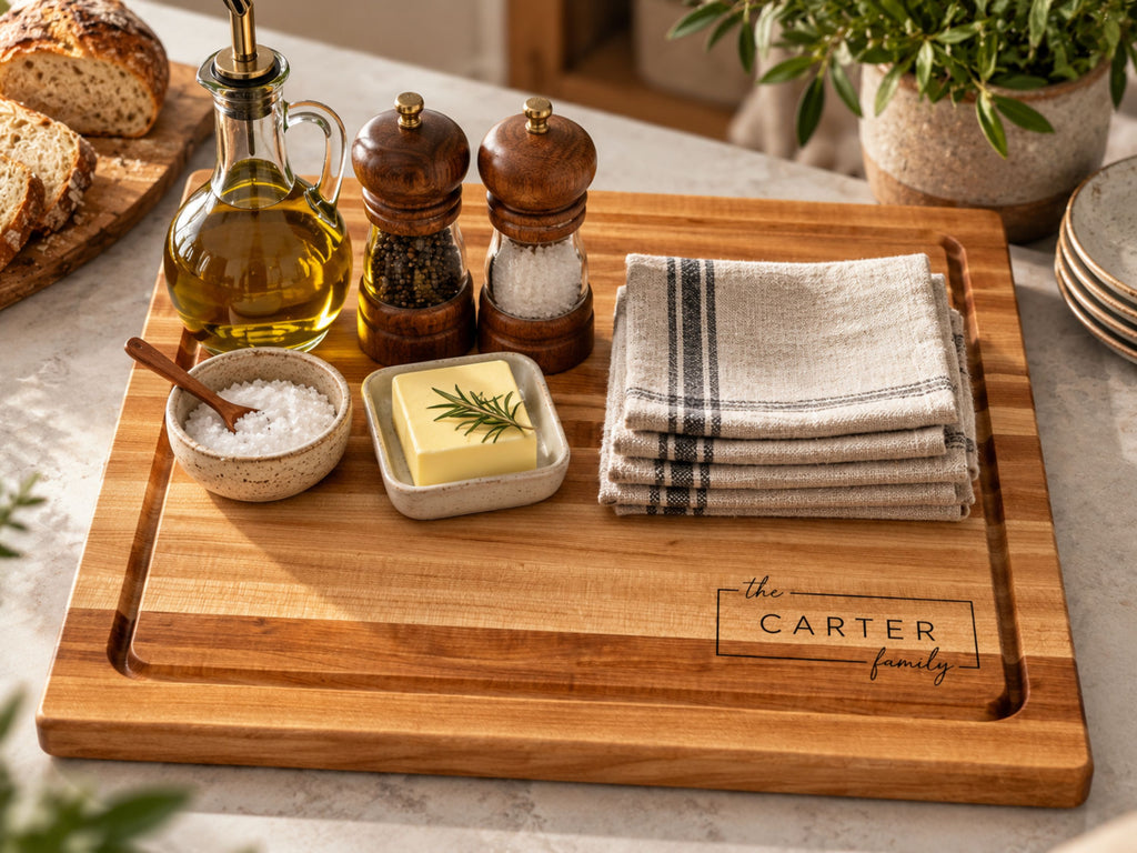 A wooden serving board set on a marble countertop with food props including bread, olive oil, salt, pepper, butter, and folded striped towels. The board is engraved with the brand name 'the CARTER family'.