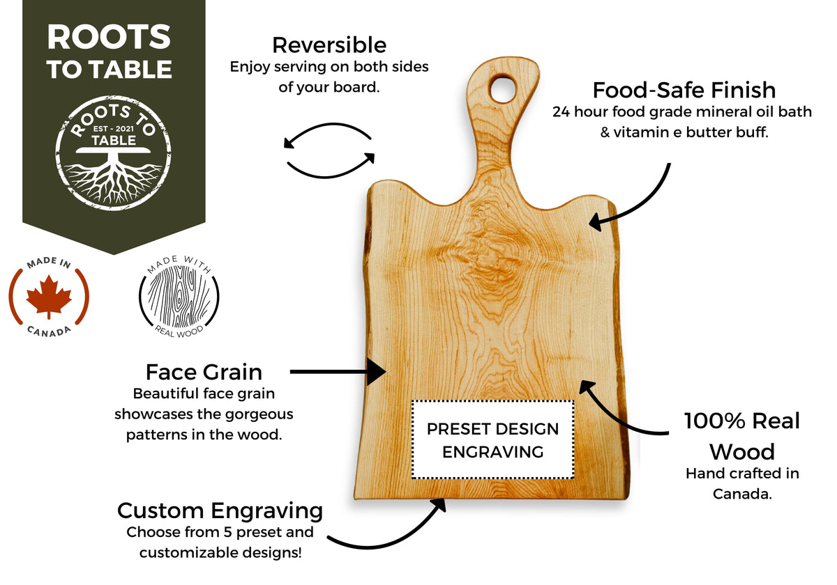 An infographic showcasing a live edge maple charcuterie board with features labeled: food-safe finish with mineral oil and vitamin E butter, reversible use, face grain, handcrafted in Canada, &amp; custom engraving options.