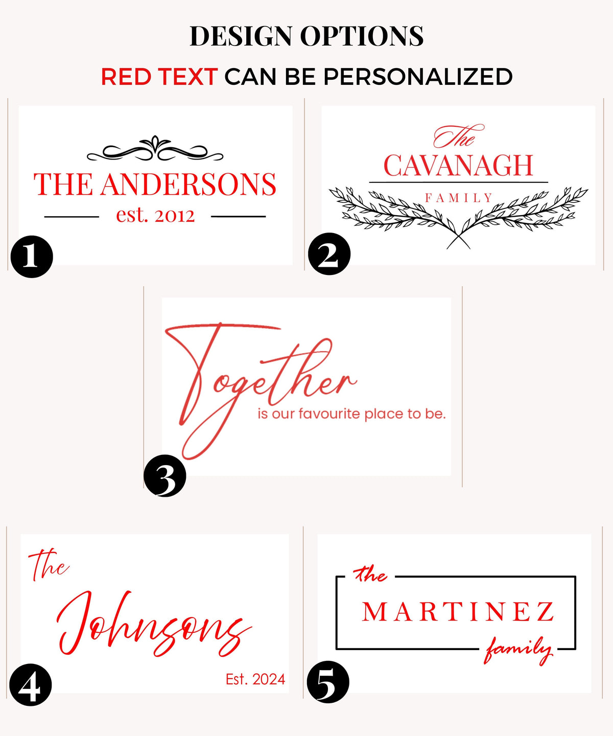 A set of five personalized engraving design options for family names, featuring elegant typography and accents. The customizable red text includes family names and details such as Est. dates, displayed in a clean and modern layout.