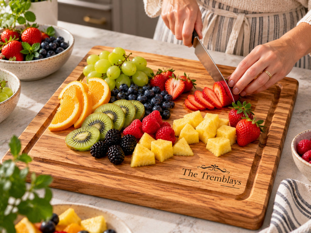 A wooden fruit platter cutting board with the brand name 'The Tremblays' engraved on the front, filled with fresh fruits like strawberries, grapes, kiwi, oranges, and pineapple. A person is shown slicing strawberries on the chopping board in a bright kitchen setting.