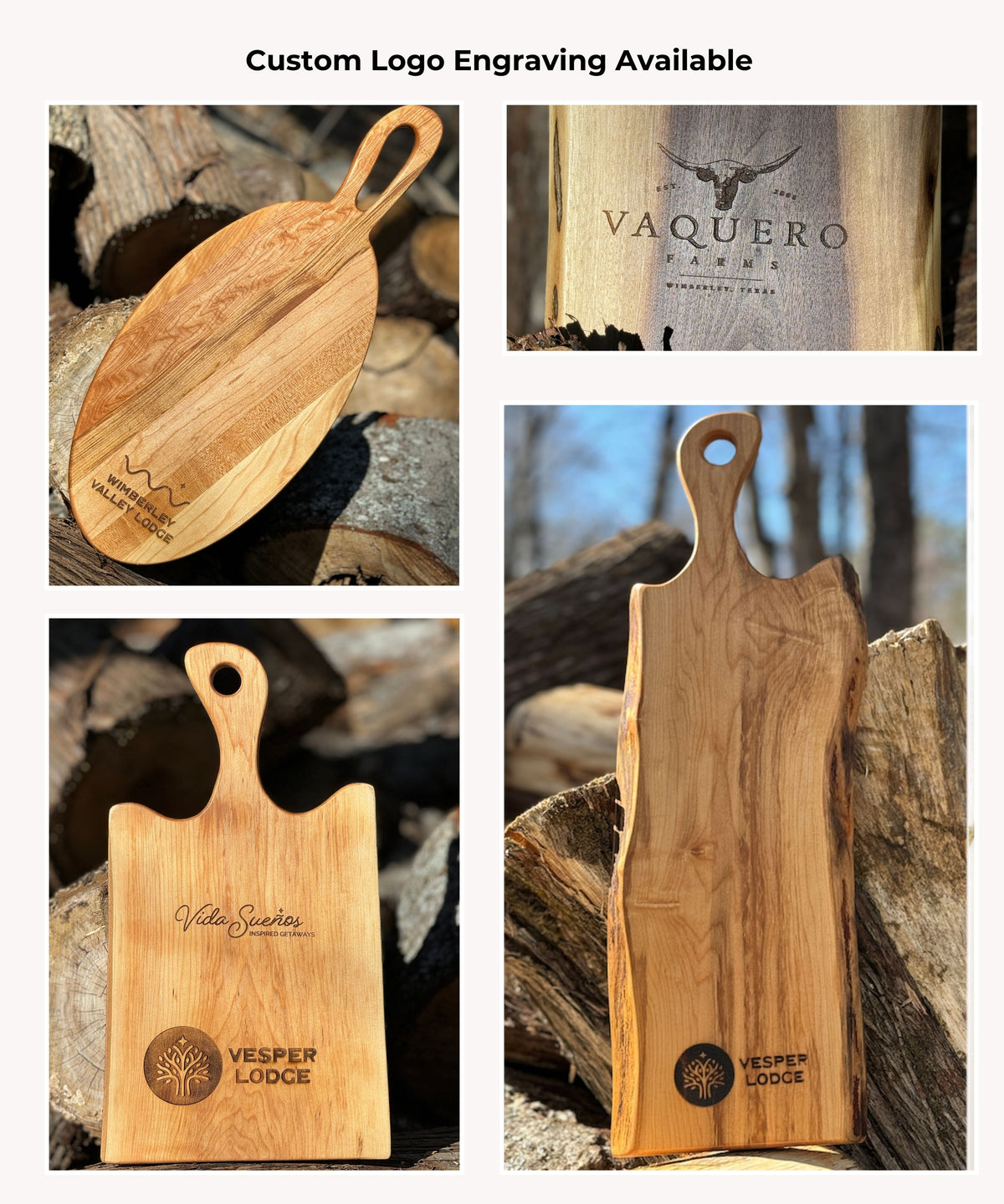 A collage of images showing 4 different charcuterie board styles with customized engravings