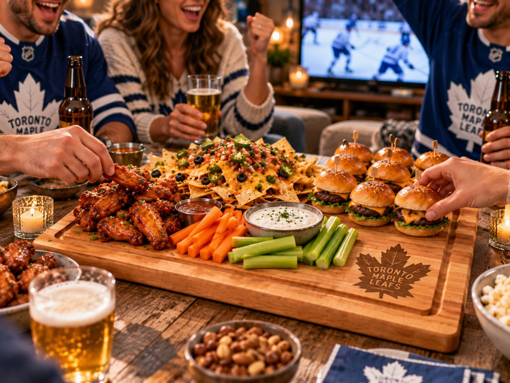 A large wooden serving board at a social gathering, loaded with buffalo wings, nachos, celery, carrots, dip, and sliders. Several people are visible around the table, wearing Toronto Maple Leafs sweaters and holding beer bottles and glasses, with a TV in the background.