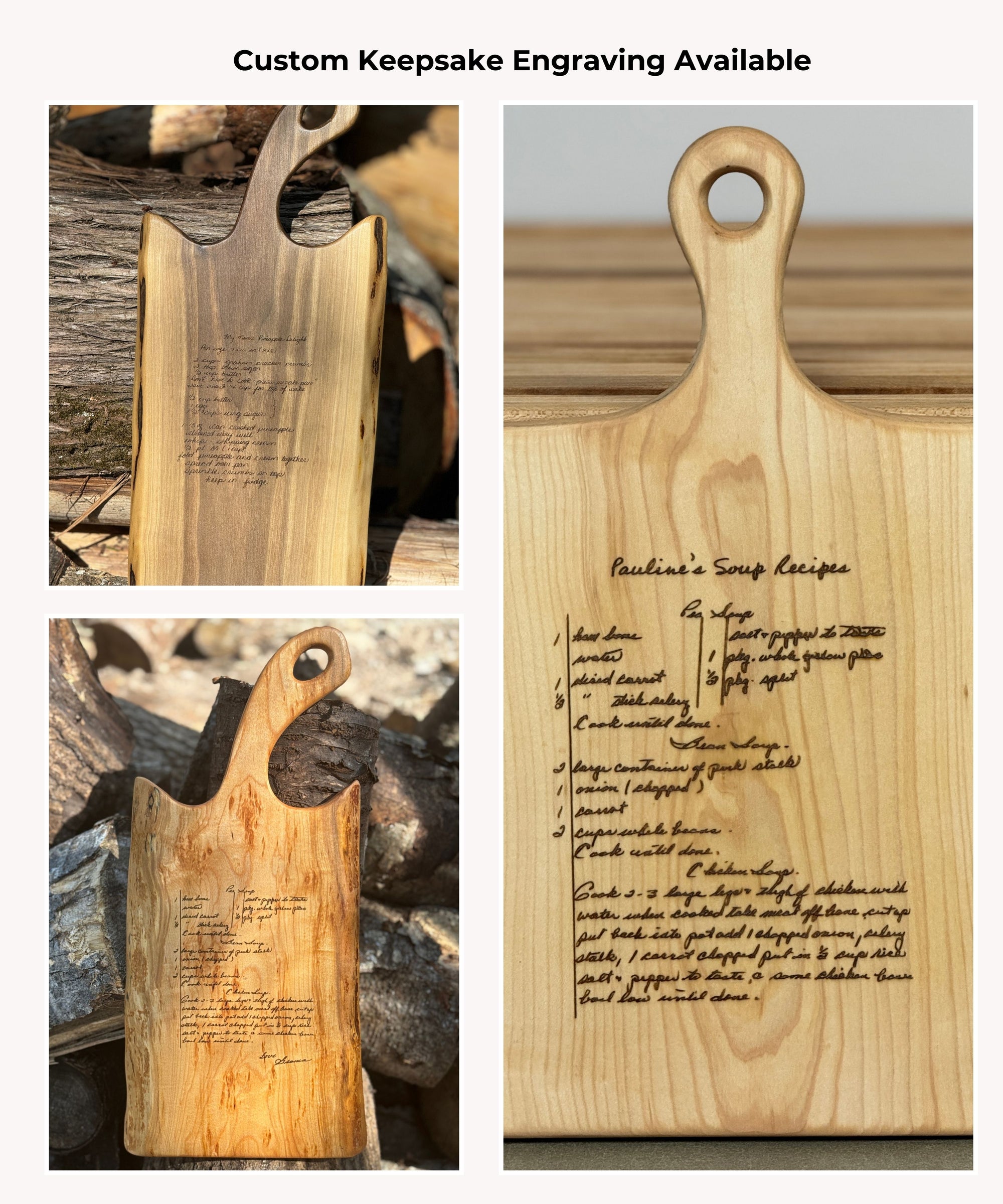 A collage of photos showcasing charcuterie boards with hand written recipe engravings