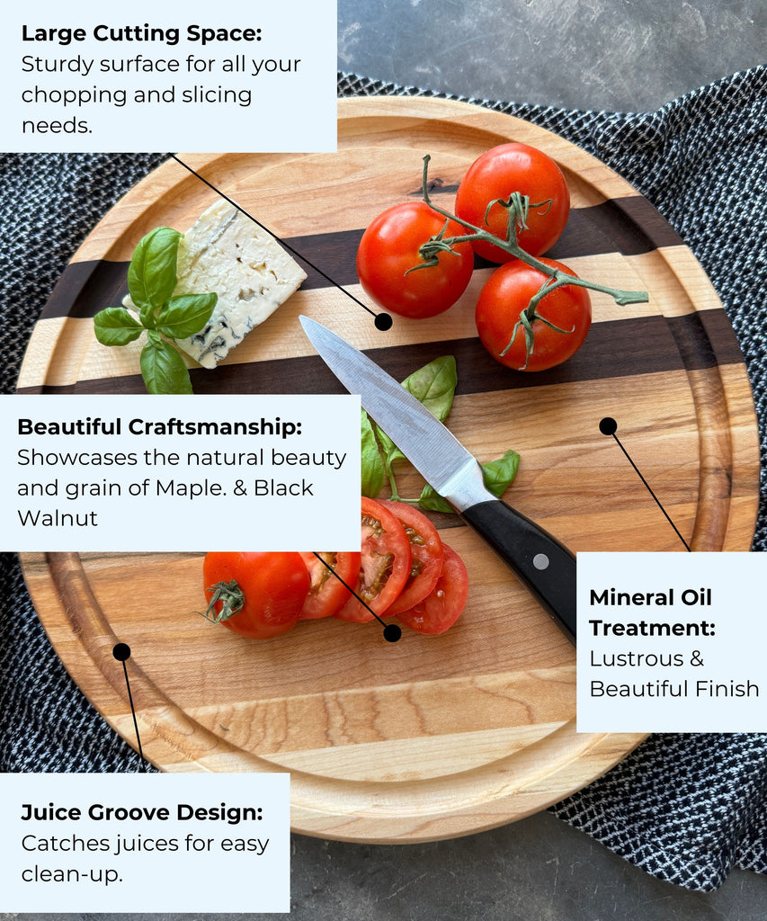 Round wooden cutting board made of maple and black walnut, featuring a juice groove for easy cleanup. Highlighted for its large cutting space, lustrous mineral oil treatment, and beautiful craftsmanship that showcases the wood&#39;s natural grain.