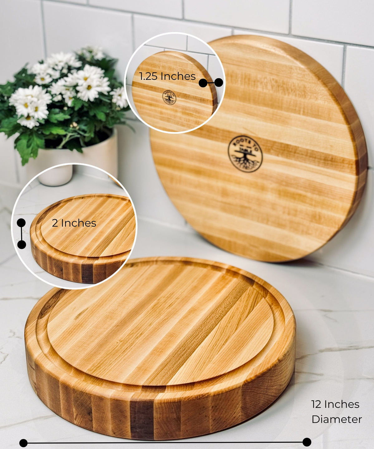 Two round maple wood cutting boards feature the two available thicknesses. 1.25 inches or two inches. Twelve inch diameter.