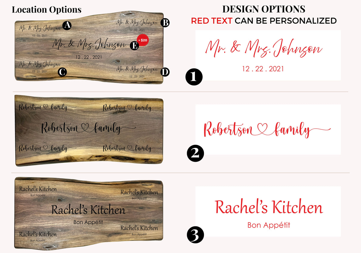 Design options for personalized wooden charcuterie boards showcasing engraving styles. Includes text in red for personalization like Mr. &amp; Mrs. Johnson or Rachel's Kitchen, with multiple location options (A-E) on a live-edge board.