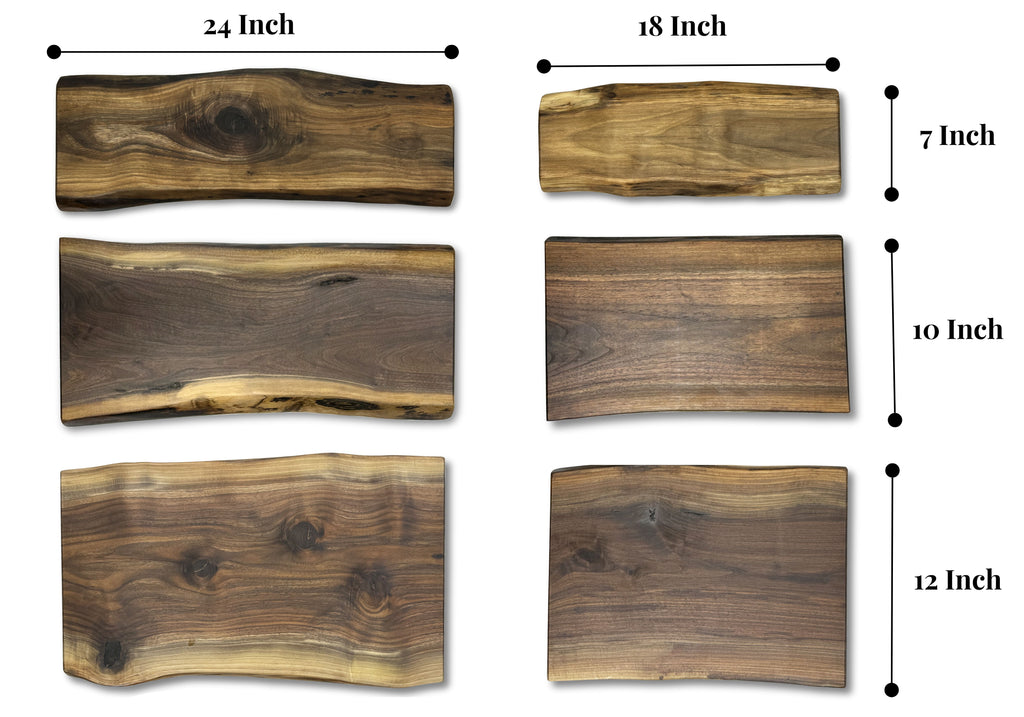 Comparison of live-edge wooden boards in 24-inch and 18-inch lengths, with varying widths of 7, 10, and 12 inches, showcasing the natural grain patterns and unique shapes of each board.