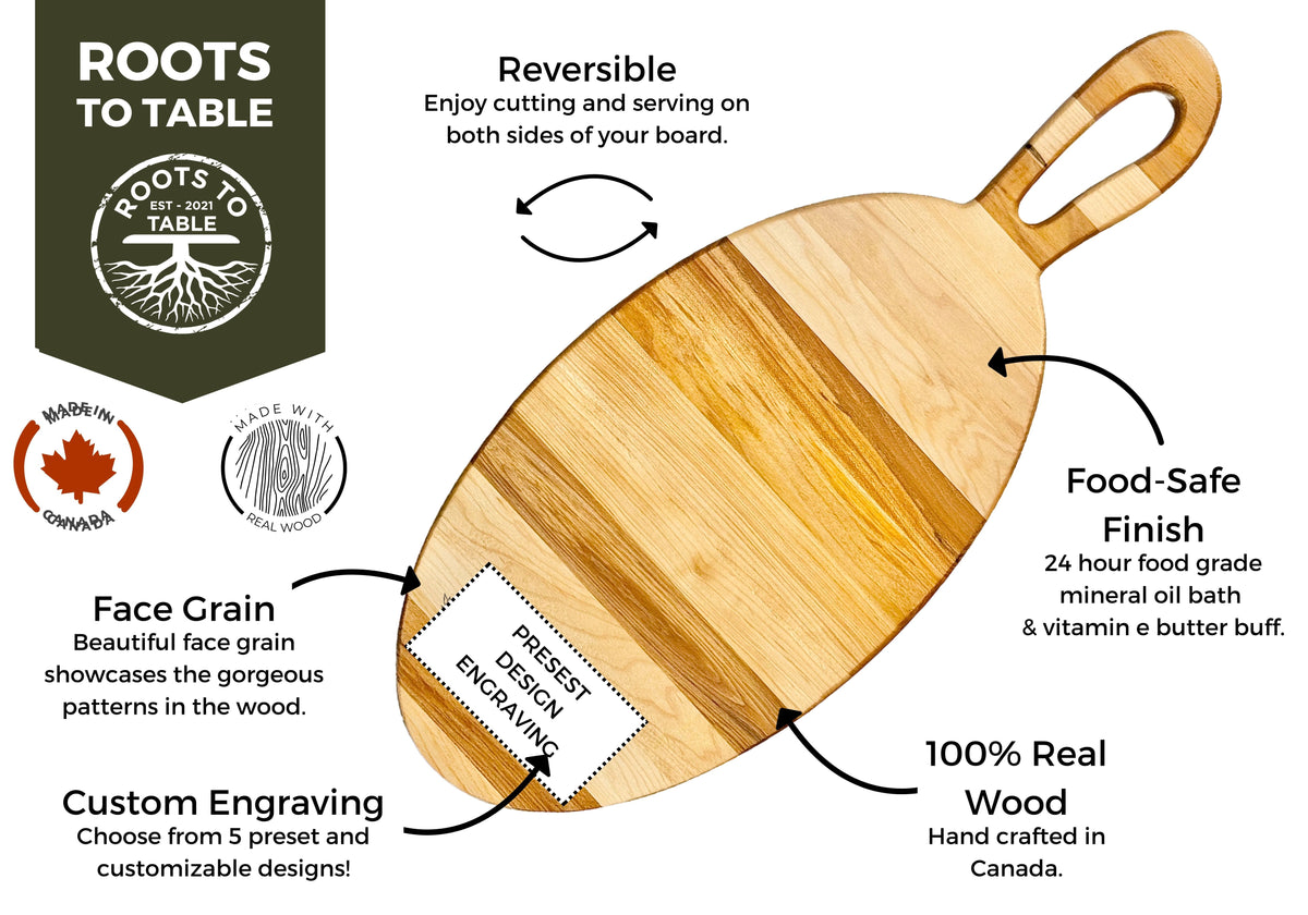 Oval wooden charcuterie board with a smooth finish, showcasing customizable engraving options. Includes features like a reversible design, food-safe finish, &amp; handcrafted edge grain. Informative labels highlight quality &amp; personalization options.