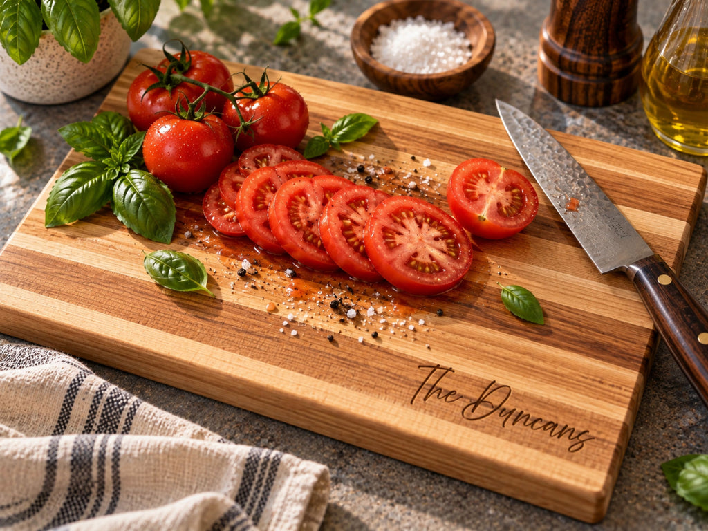 A small wooden cutting board is personalized with, The Duncans, engraved in the bottom right corner, styled with sliced red tomatoes, whole tomatoes on the vine, fresh basil leaves, coarse salt, a chef's knife, and kitchen seasonings on a stone countertop.
