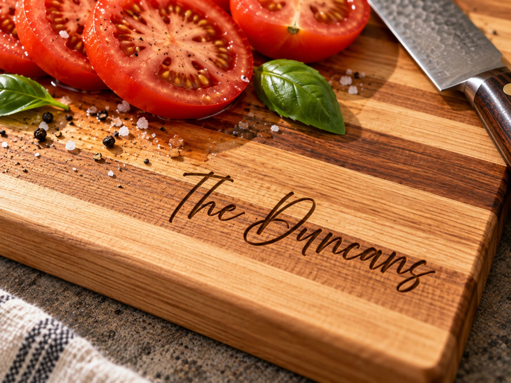 Close up of A wooden cutting board engraved with the name The Duncans in script, styled with sliced red tomatoes, fresh basil leaves, coarse salt, and a chef's knife on a rustic countertop. No juice groove on this compact cutting board.