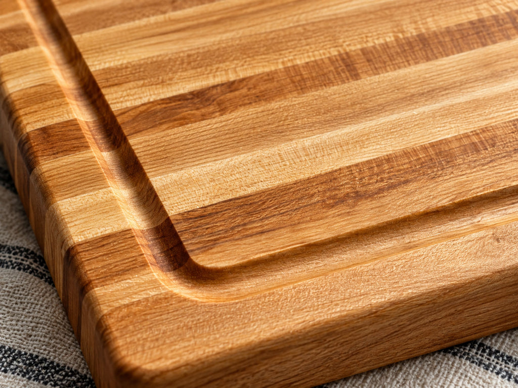 A close-up of an edge grain wooden cutting board with a raised rim and juice groove.
