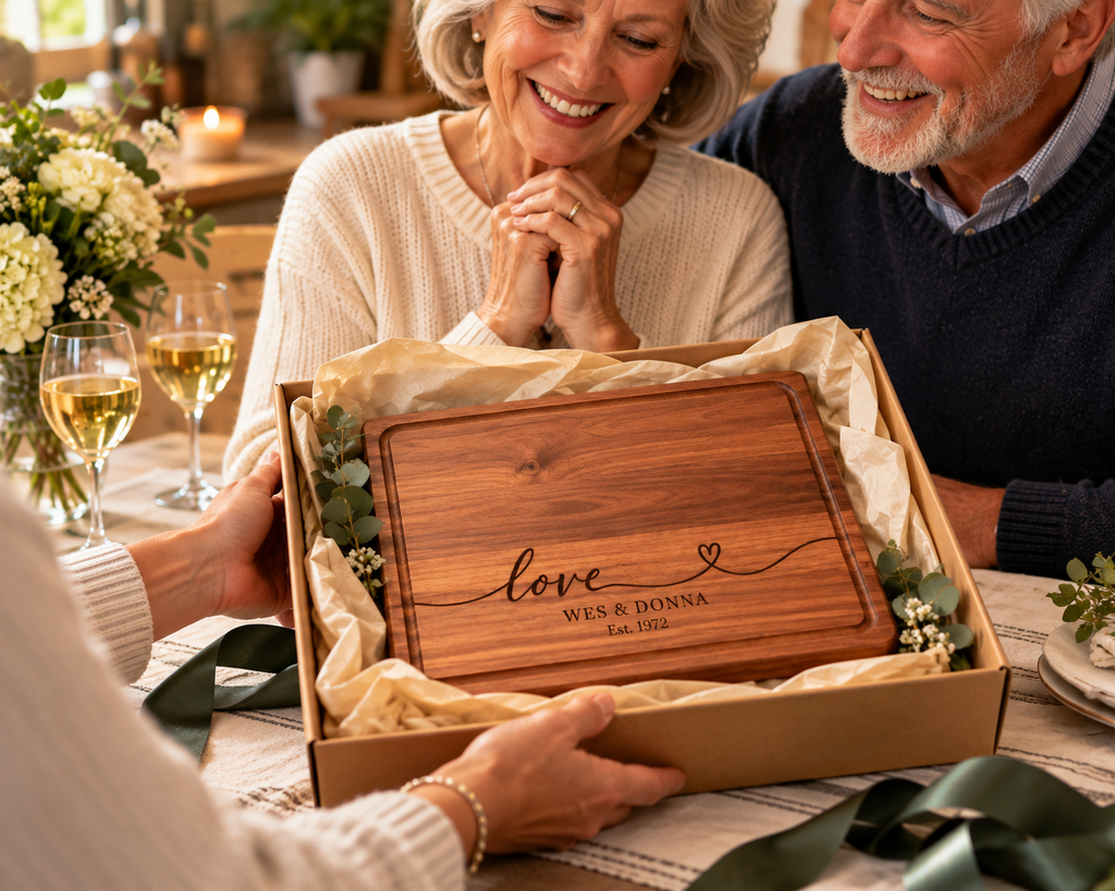 Smiling older couple receiving a handcrafted personalized wooden cutting board presented in a gift box with natural tissue paper. The board features a custom engraved message and warm cherry wood grain. A thoughtful gift for parents, grandparents, wedding anniversaries, Christmas or special family celebrations