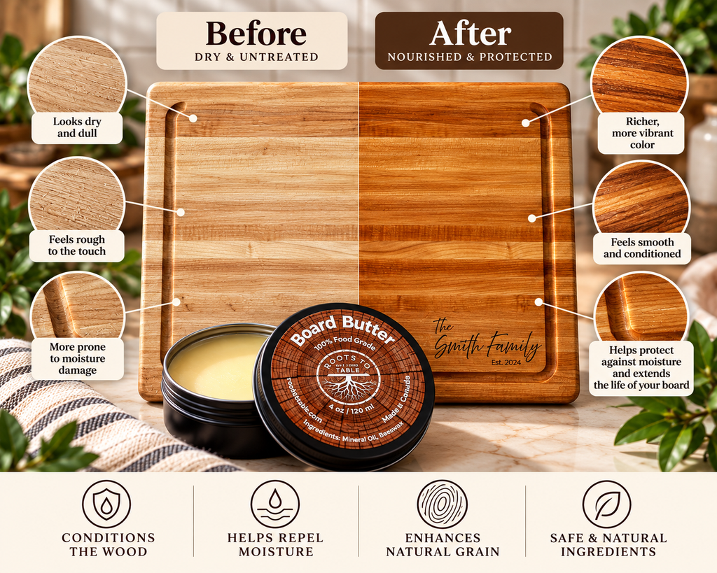A before-and-after comparison graphic showing a wooden cutting board treated with board butter and mineral oil. The left side shows a dry, untreated wood surface labeled 'Before', and the right side shows a smoother, nourished wood surface labeled 'After'. The graphic also shows that it conditions the wood, repels moisture, enhances grain and uses safe ingredients.