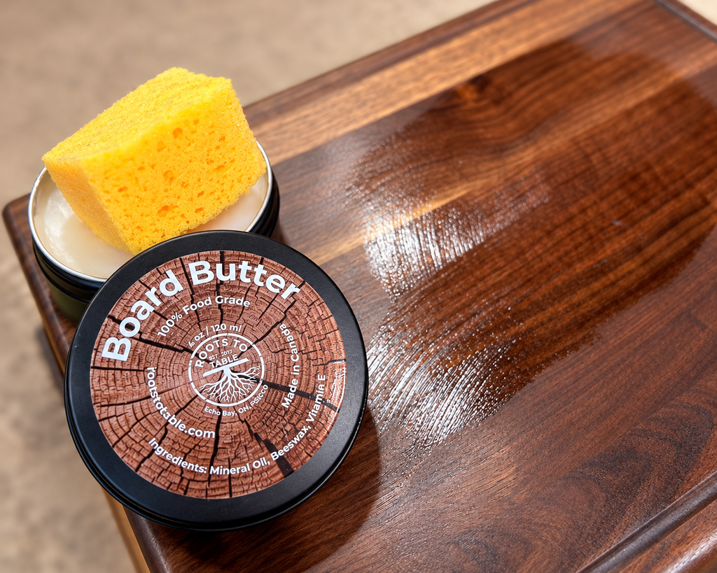 A round tin of Board Butter wood finish with a yellow sponge resting in the open tin, placed on a wooden cutting board showing the difference between a dull surface and treated surface