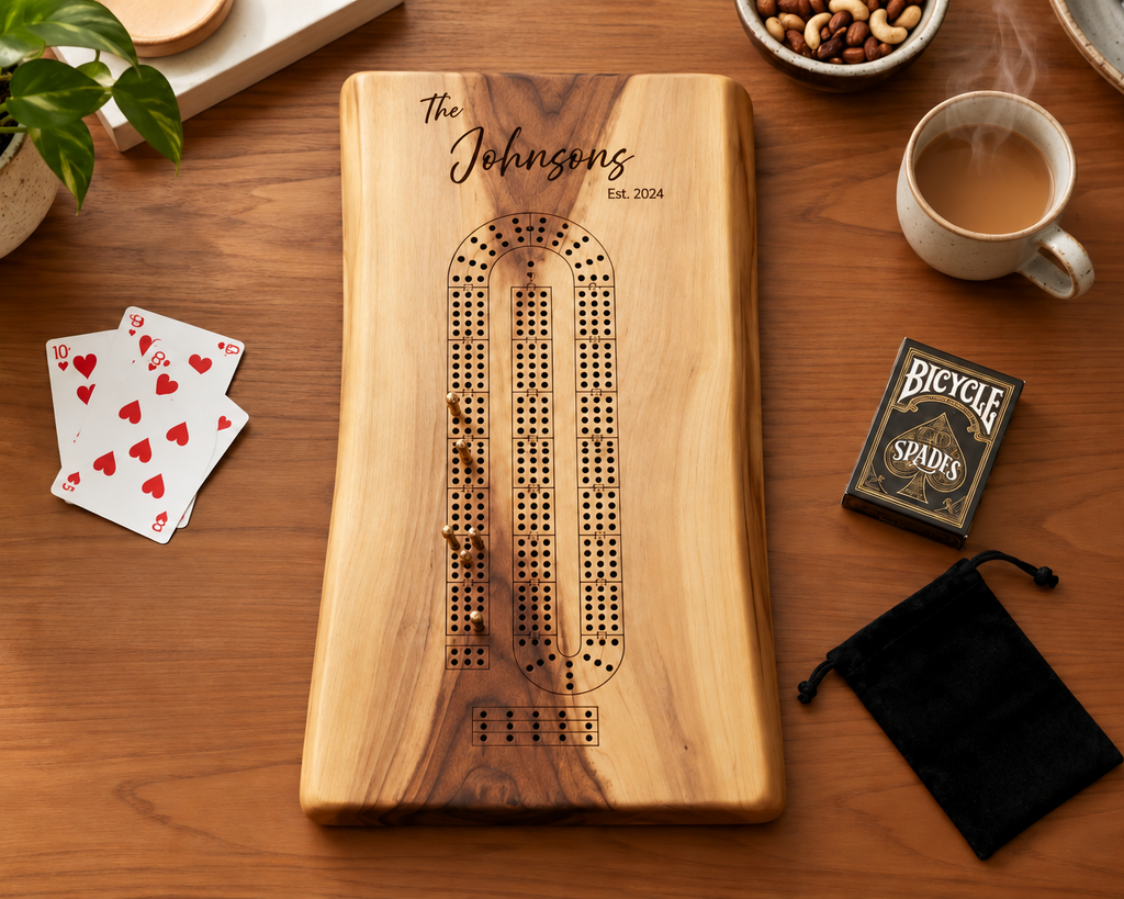 A personalized wooden crib board game set on a warm wood table, featuring a custom engraved board labeled 'The Johnsons Est. 2024' with a cribbage scoreboard design.