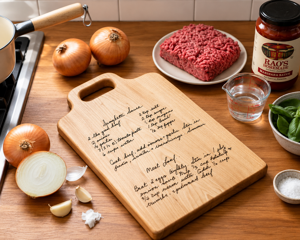 A maple cutting board with a handwritten spaghetti sauce recipe is in use in the kitchen