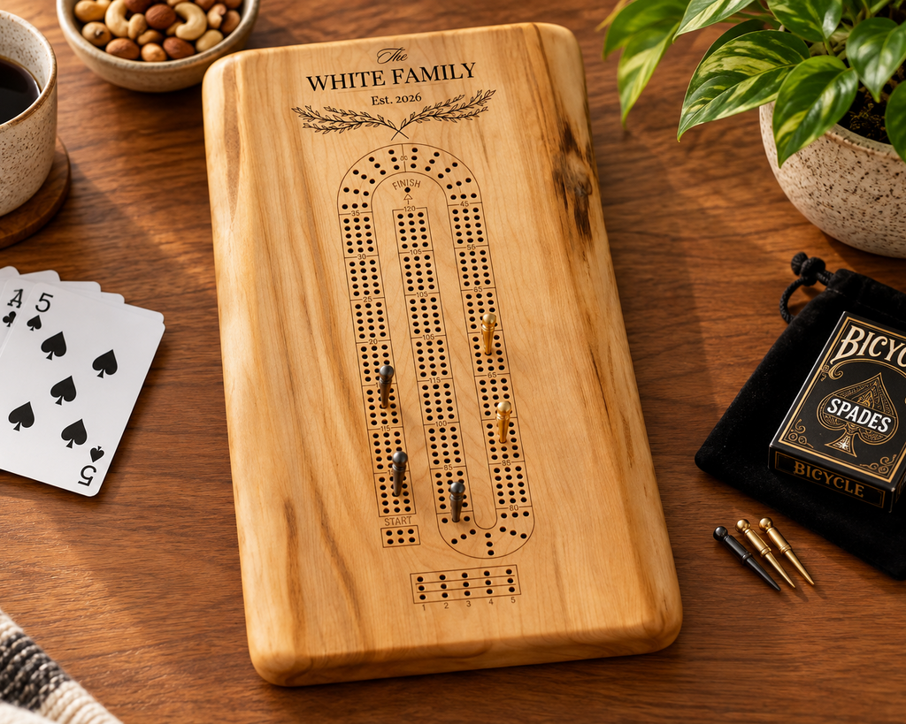 A personalized maple wooden cribbage board engraved with 'The White Family Est. 2021' and a cribbage track, styled on a wooden table with playing cards, a coffee cup, nuts, a plant, and a black Bicycle Spades card deck.