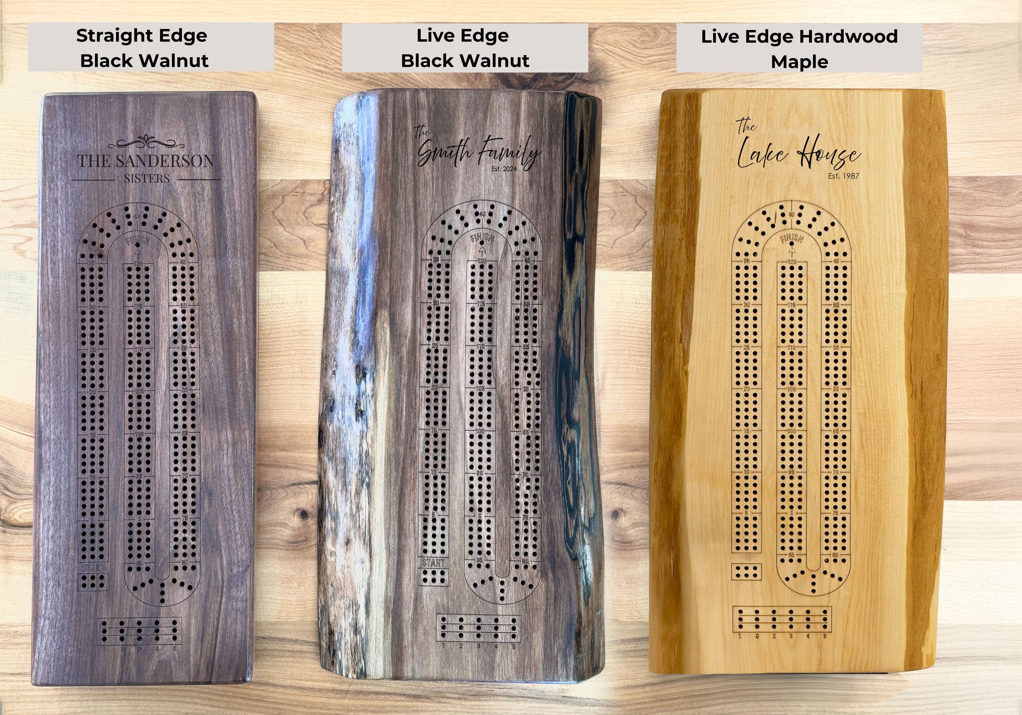 An image showcasing the difference between live edge and straight edge crib boards as well as maple vs walnut wood.