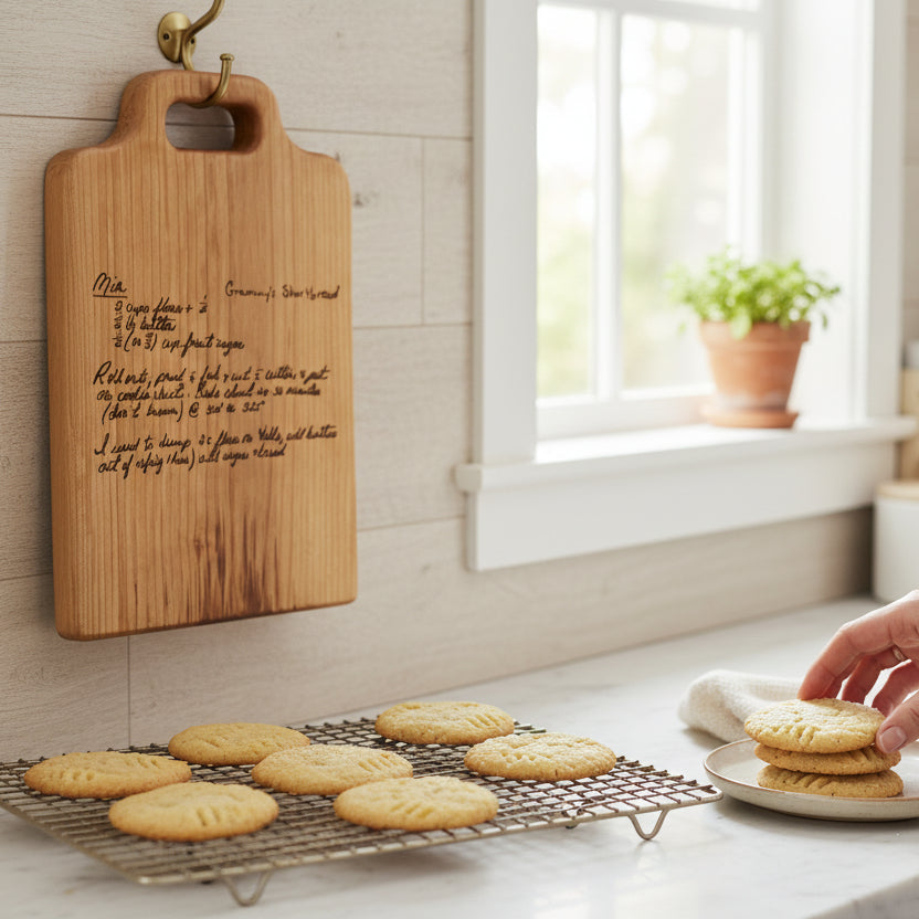 freshly baked cookies cool on a rack below a hanging wooden recipe board used as kitchen decor