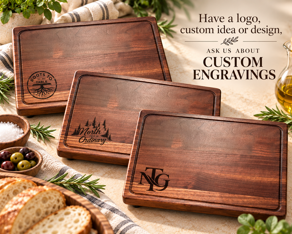 Collection of personalized walnut wood cutting boards featuring custom engraved designs, family names, monograms and decorative artwork. Handcrafted hardwood cutting boards with rich natural grain and routed juice grooves. Custom logo and engraving requests available for personalized wedding gifts, corporate gifts and special occasions.