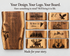 A graphic showing multiple custom engraved wooden cribbage boards and a larger board on a light gray background, with headline text reading 'Your Design. Your Logo.