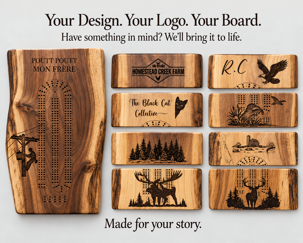 A graphic showing multiple custom engraved wooden cribbage boards and a larger board on a light gray background, with headline text reading 'Your Design. Your Logo.