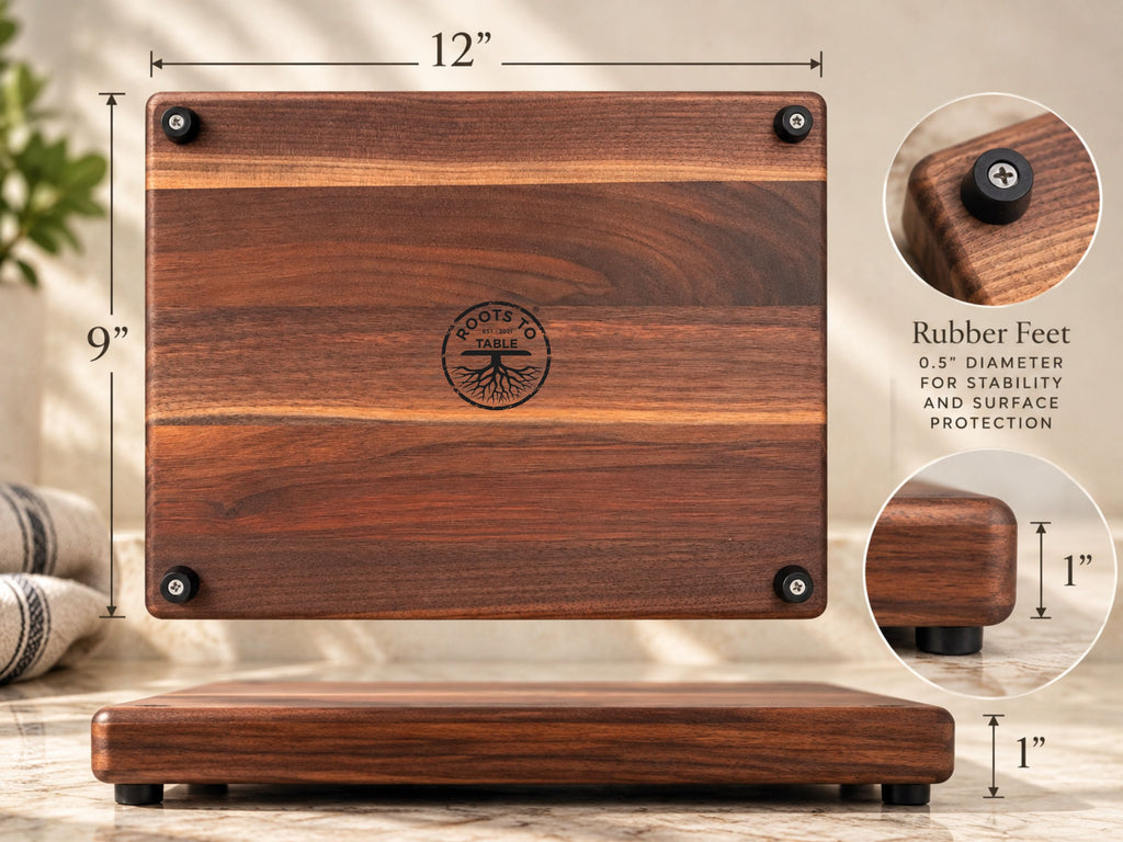 Personalized hardwood cutting board measuring 12 inches by 9 inches, featuring four black rubber feet underneath for added stability and countertop clearance. Detailed product image highlighting the board's thickness, natural wood construction, routed juice groove and non-slip feet. A compact handcrafted cutting board for everyday kitchen use.