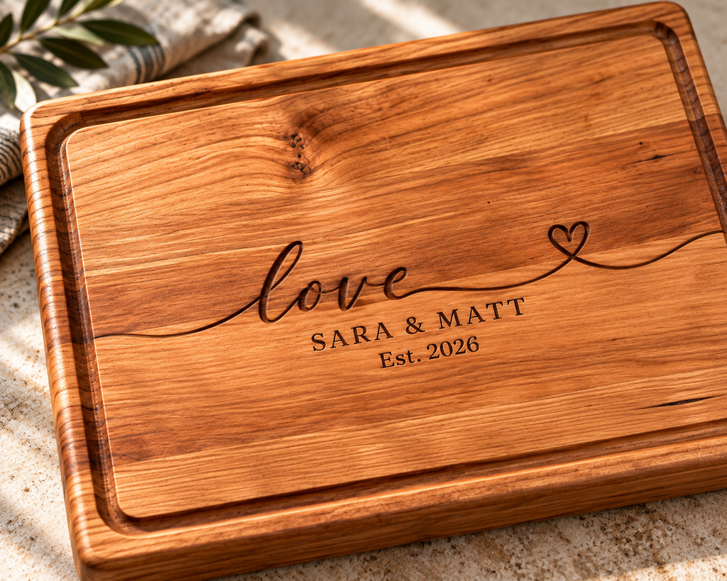 Handcrafted cherry wood cutting board featuring personalized love engraving with names Sara and Matt and an established date. Beautiful warm cherry hardwood with natural grain, rounded corners and a juice groove. A meaningful personalized wedding, anniversary or bridal shower gift designed for everyday use and lasting memories.